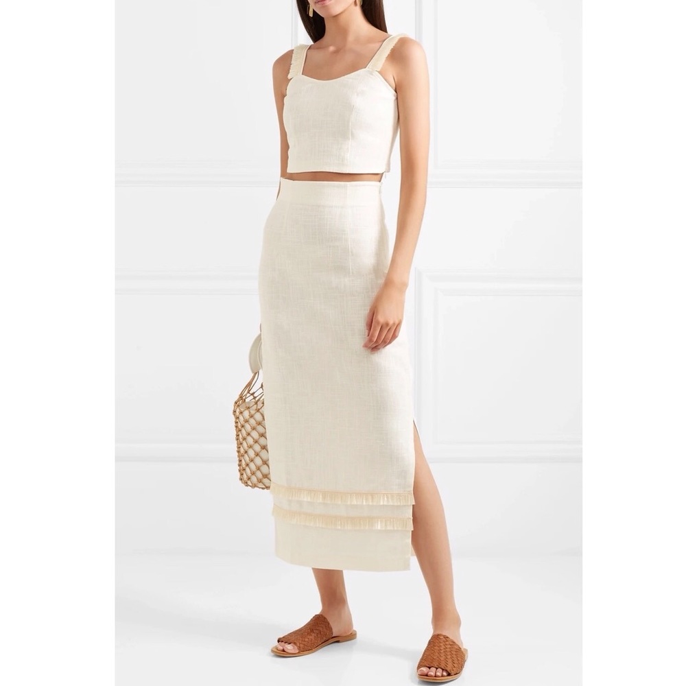 STAUD Women’s Andy fringed linen-blend midi skirt in ivory - Picture 1 of 10